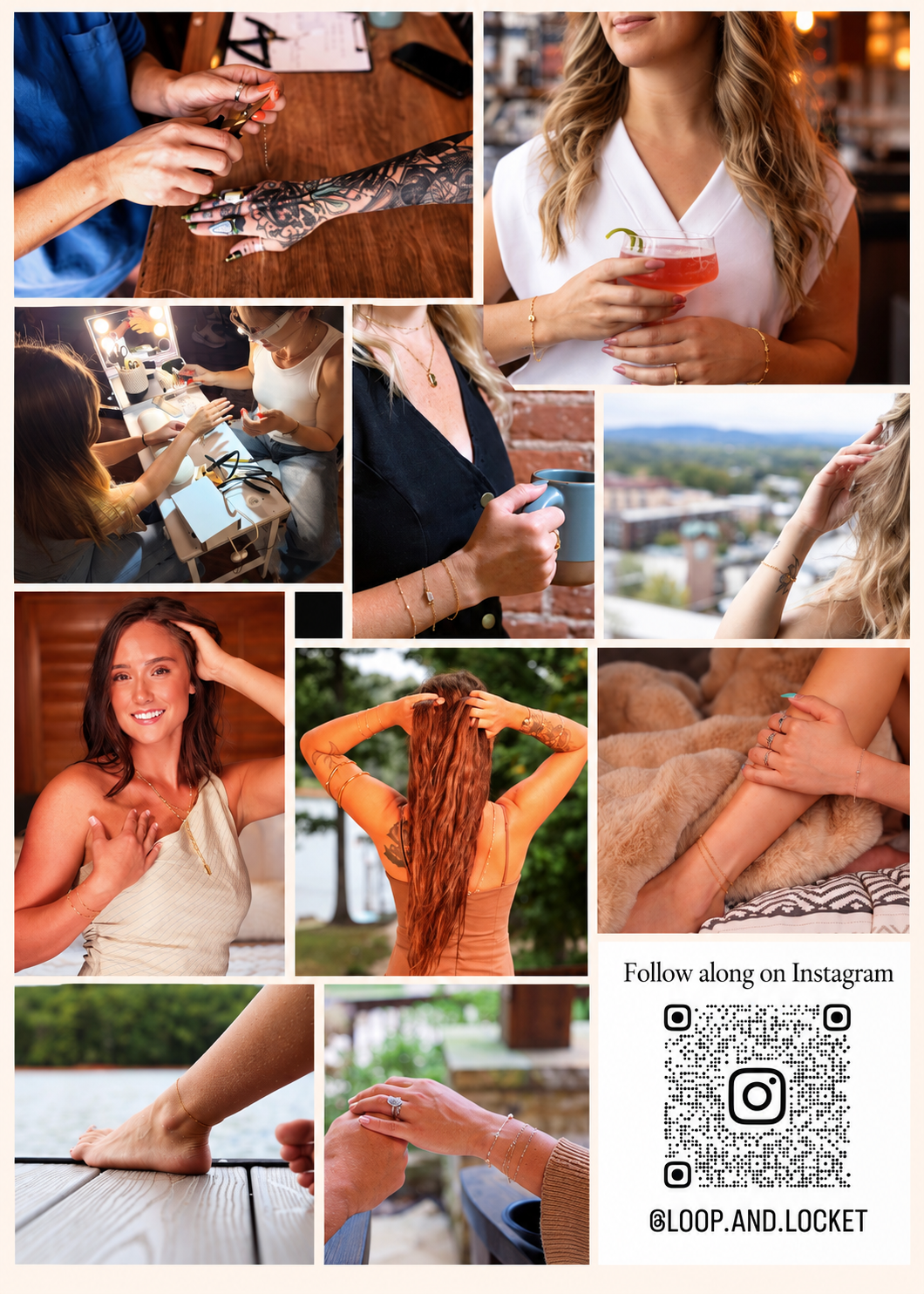 A collage of ten Loop & Locket jewelry and pop-up photos.
